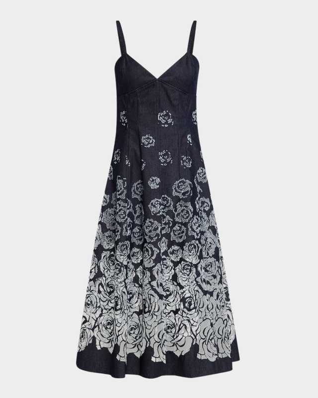 V-Neck Rose Denim Devore Sleeveless Midi Dress